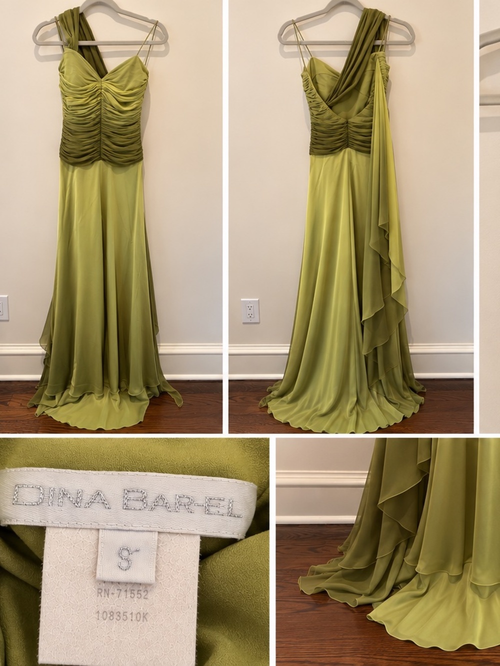 Dina Bar-El Olive Green Ruched Silk-Look Evening Gown